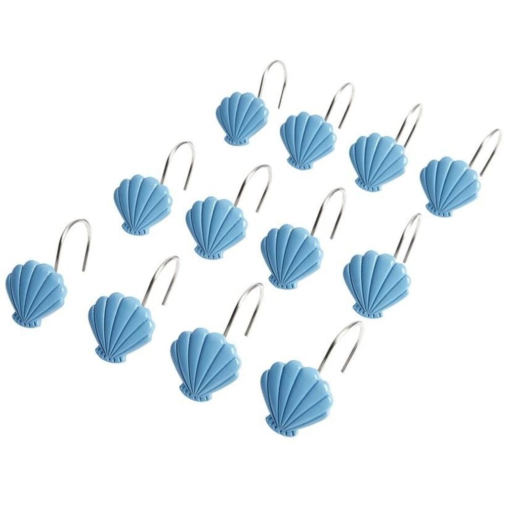 Coral Patch Shower Curtain Hooks Blue Scallop Shells Nautical Resin Metal Bath
